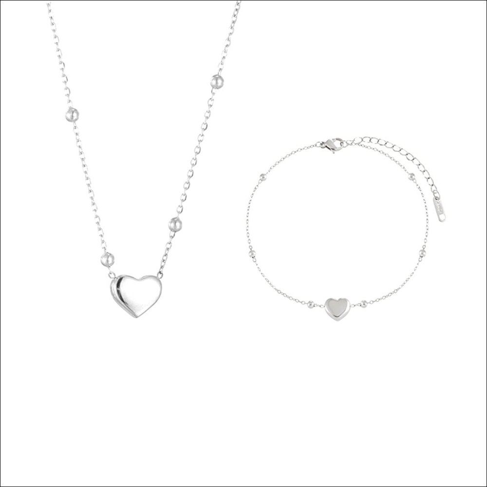 Heart Necklace Bracelet Set 14K Gold Silver Plated Adjustable Love Jewelry